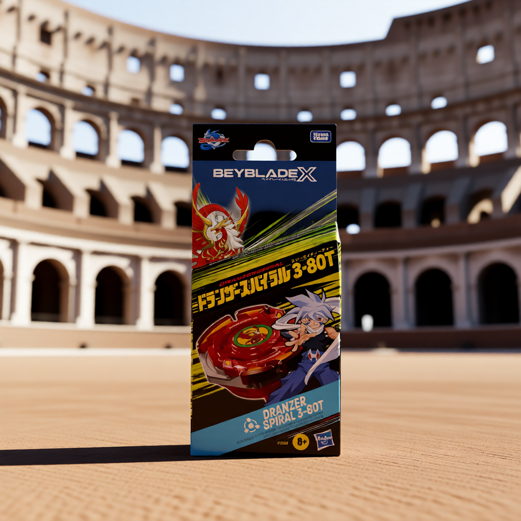 Packaging for Hasbro Beyblade X Dranzer Spiral 3-80T Anniversary X-Over, featuring an illustration of the Beyblade character and spinning top.